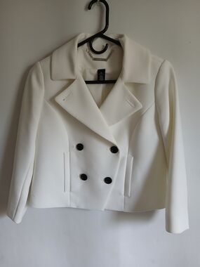 Modern White Lined Double-Breasted Women's Blazer Jacket Sz00